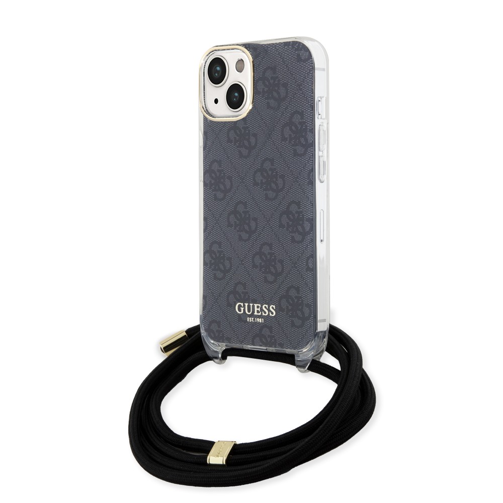 iPhone 15 Case Hülle - Guess Monogramm in Lackoptik mit integriertem verstellbarem Riemen - Grau