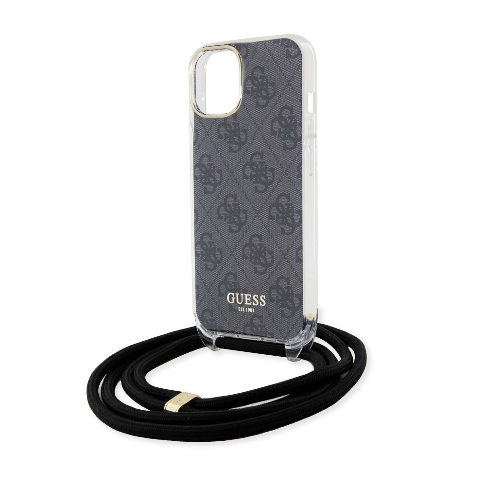 iPhone 15 Case Hülle - Guess Monogramm in Lackoptik mit integriertem verstellbarem Riemen - Grau