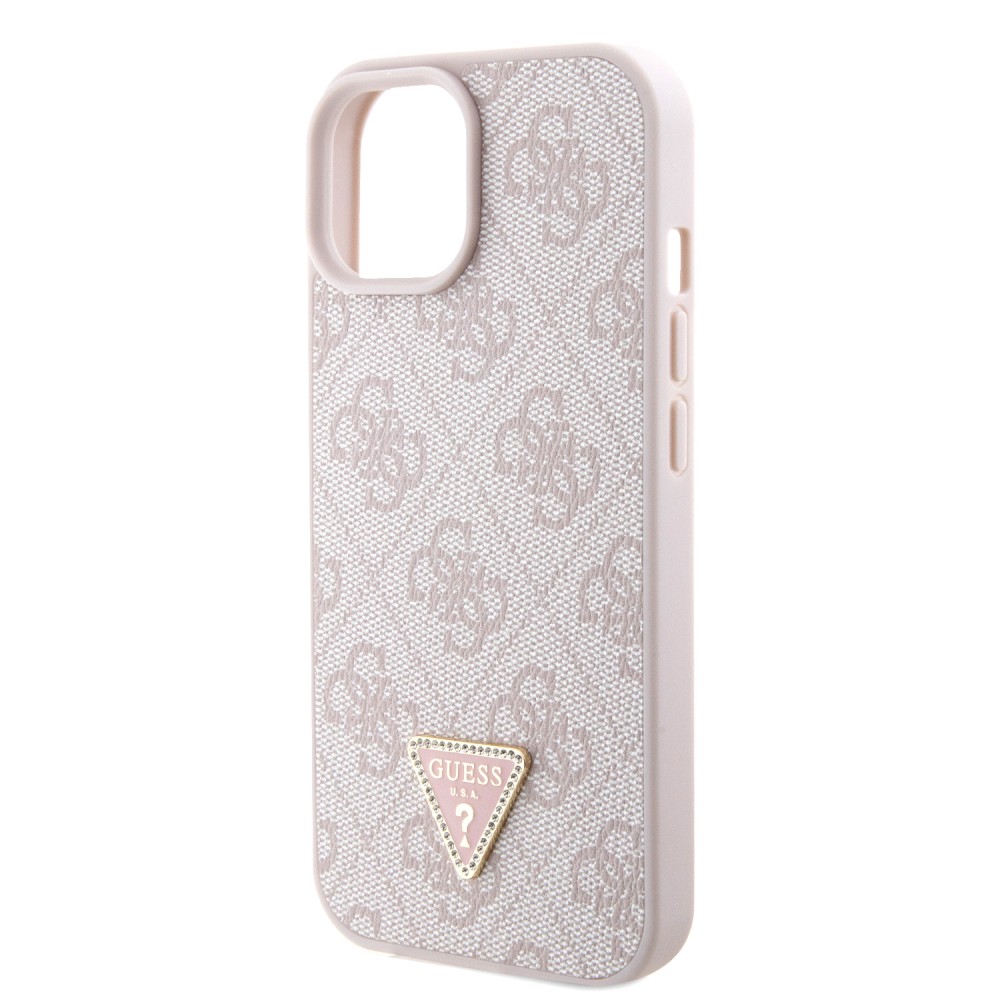 iPhone 15 Case Hülle - Guess Monogramm Kunstleder Metall-Logo und Strass mit abnehmbarem Riemen - Hellrosa