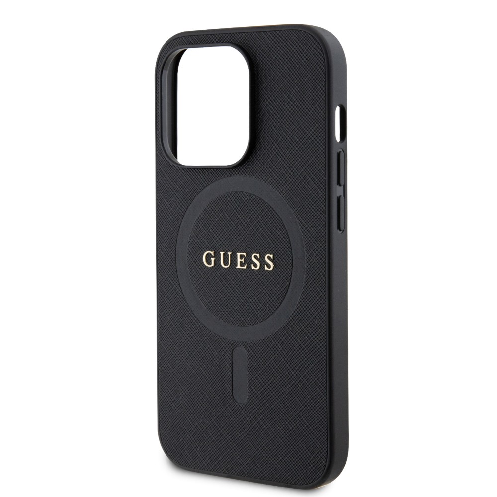 iPhone 15 Pro Max Case Hülle - Guess Kunstleder Saffiano Gold Metall-Logo und MagSafe - Schwarz