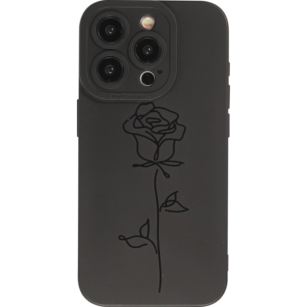 iPhone 15 Pro Max Case Hülle - Weiches Silikongel mit Kameraschutz - Minimalistische Rose - Schwarz