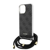 iPhone 15 Pro Case Hülle - Guess Monogramm in Lackoptik mit integriertem verstellbarem Riemen - Grau