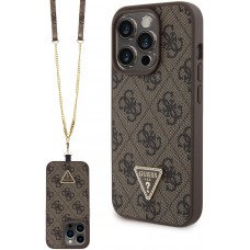 Coque iPhone 15 Pro - Guess monogramme similicuir logo métal et strass avec lanière amovible - Brun