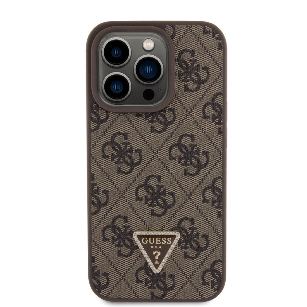 Coque iPhone 15 Pro - Guess monogramme similicuir logo métal et strass avec lanière amovible - Brun