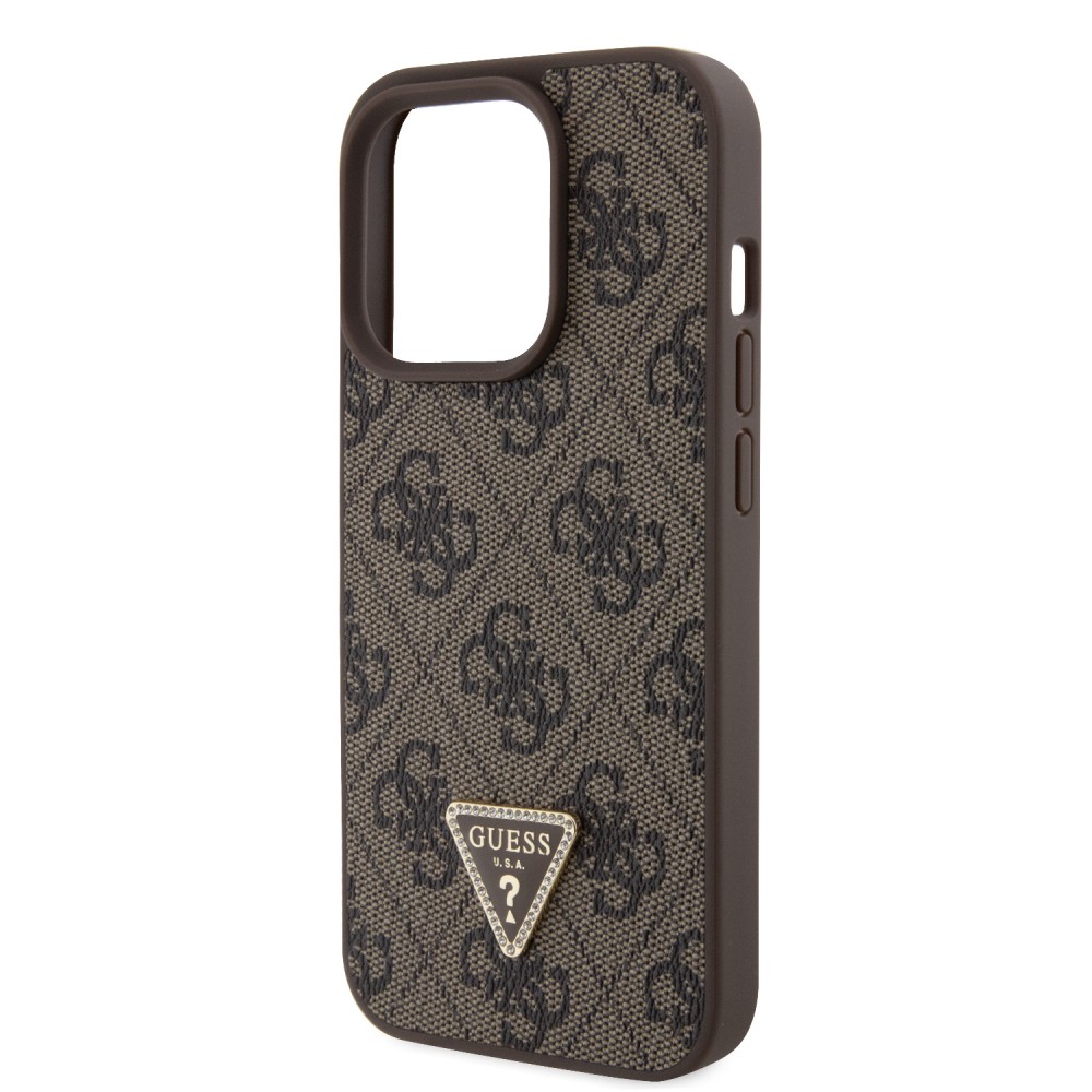 Coque iPhone 15 Pro - Guess monogramme similicuir logo métal et strass avec lanière amovible - Brun