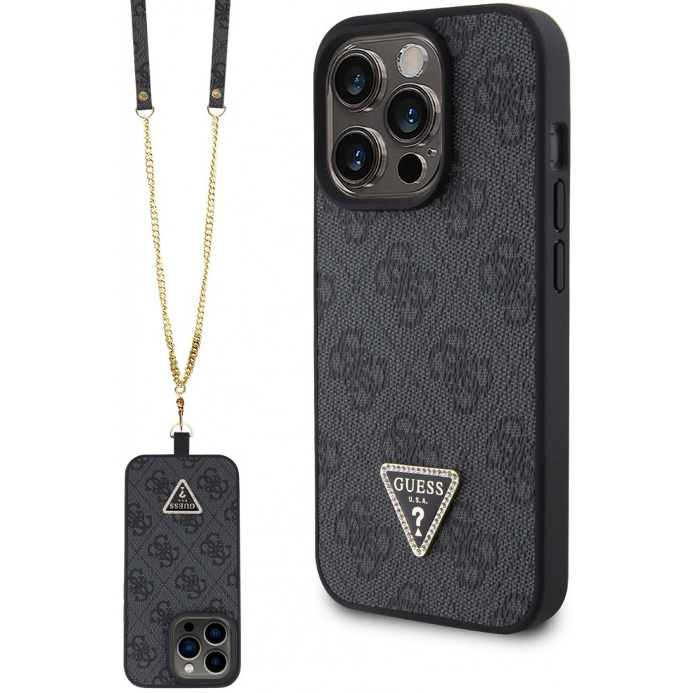 iPhone 15 Pro Case Hülle - Guess Monogramm Kunstleder Metall-Logo und Strass mit abnehmbarem Riemen - Schwarz