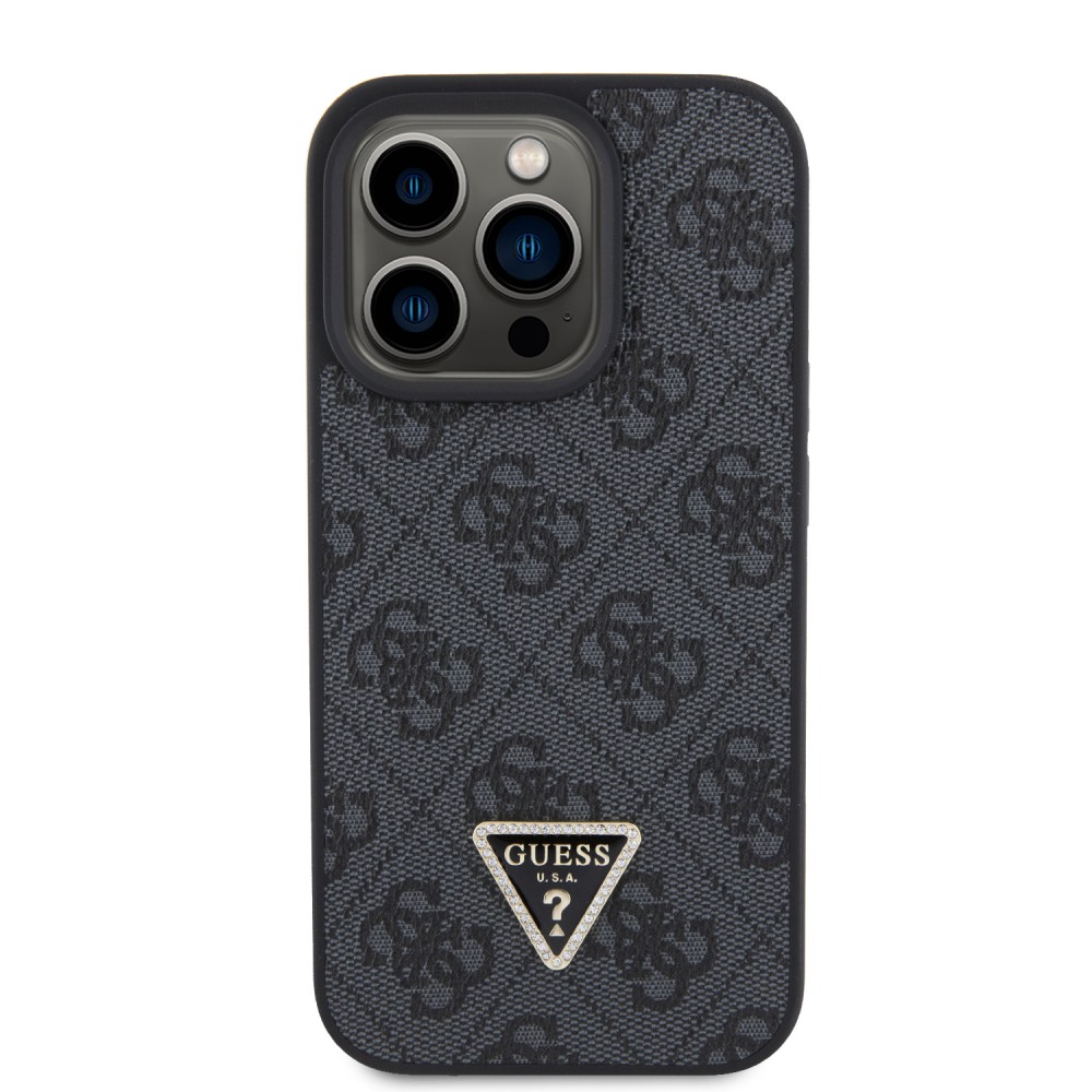 Coque iPhone 15 Pro - Guess monogramme similicuir logo métal et strass avec lanière amovible - Noir