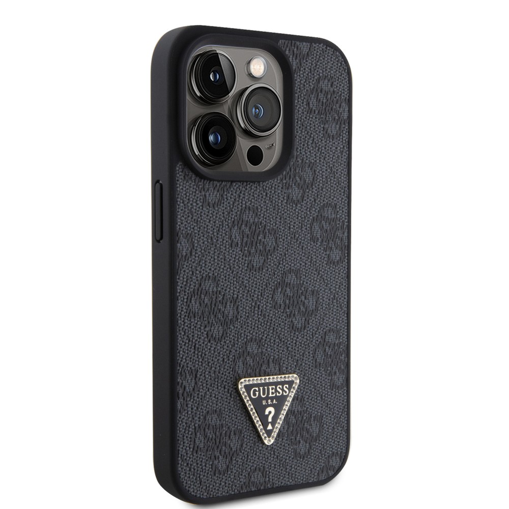 iPhone 15 Pro Case Hülle - Guess Monogramm Kunstleder Metall-Logo und Strass mit abnehmbarem Riemen - Schwarz