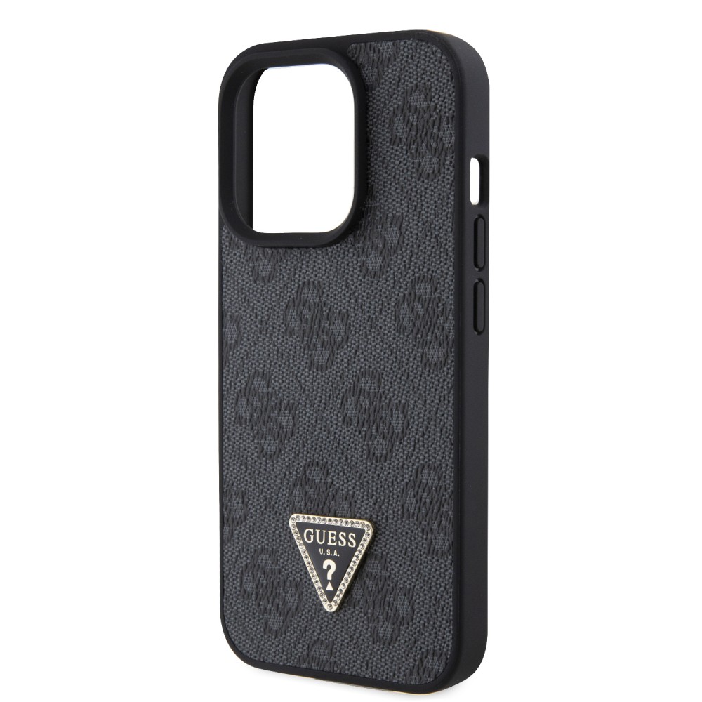 Coque iPhone 15 Pro - Guess monogramme similicuir logo métal et strass avec lanière amovible - Noir