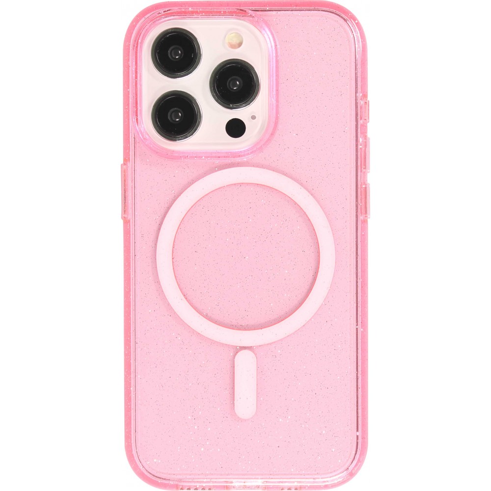 iPhone 15 Pro Max Case Hülle - Hartes Silikon mit Glitzer Rückseite und MagSafe - Rosa