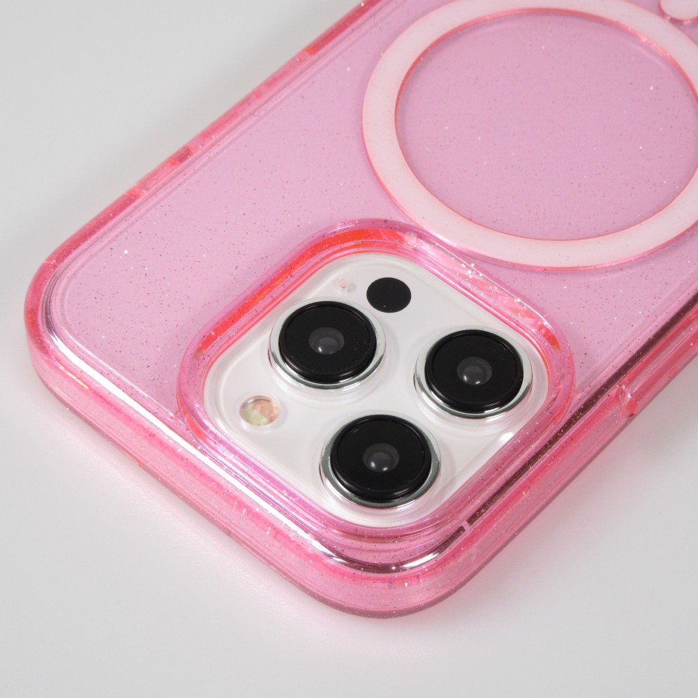 iPhone 15 Pro Max Case Hülle - Hartes Silikon mit Glitzer Rückseite und MagSafe - Rosa