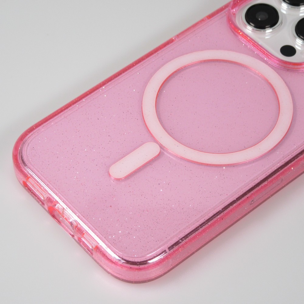 iPhone 15 Pro Max Case Hülle - Hartes Silikon mit Glitzer Rückseite und MagSafe - Rosa