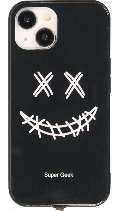 iPhone 15 Case Hülle - Silikon Glossy integriertes LED Licht mit USB-C Anschluss - Crazy Smile - Schwarz