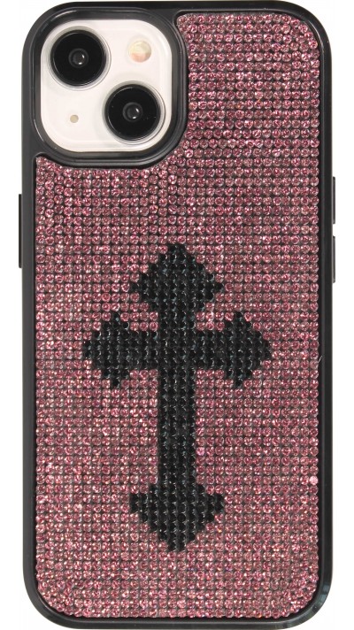 iPhone 15 Case Hülle - Silikon weich mit glitzernden Edelsteinen Gothic Cross - Violett