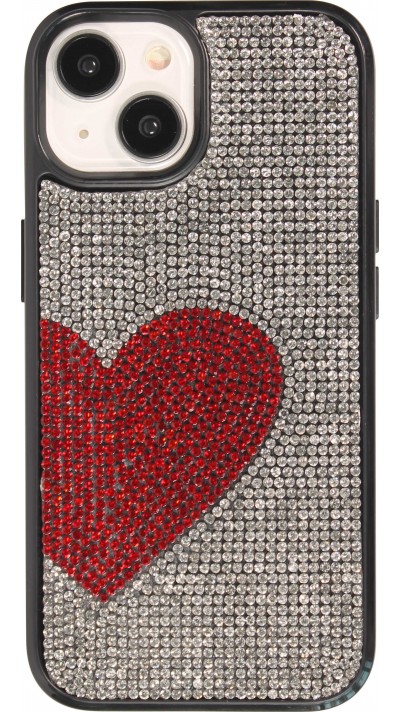 iPhone 15 Case Hülle - Silikon weich mit glitzernden Edelsteinen Red Heart - Weiss