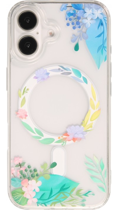 Coque iPhone 16 - Gel silicone rigide avec MagSafe fleurs de printemps - Transparent