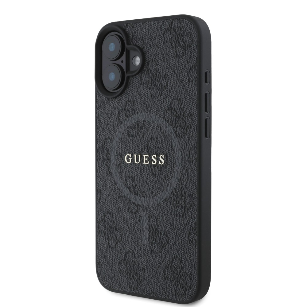 iPhone 16 Case Hülle - Guess Monogramm Kunstleder mit integriertem MagSafe und goldenem Logo - Schwarz