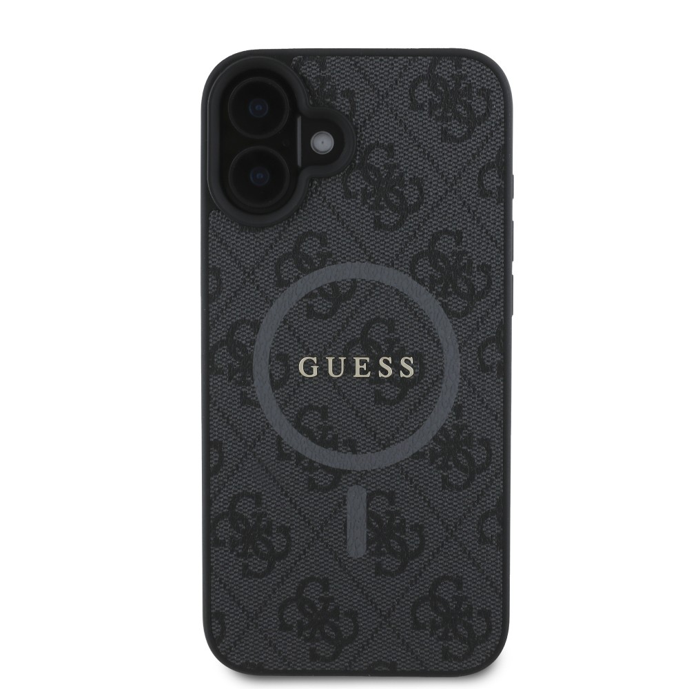 Coque iPhone 16 - Guess monogramme similicuir avec MagSafe intégré et logo doré - Noir