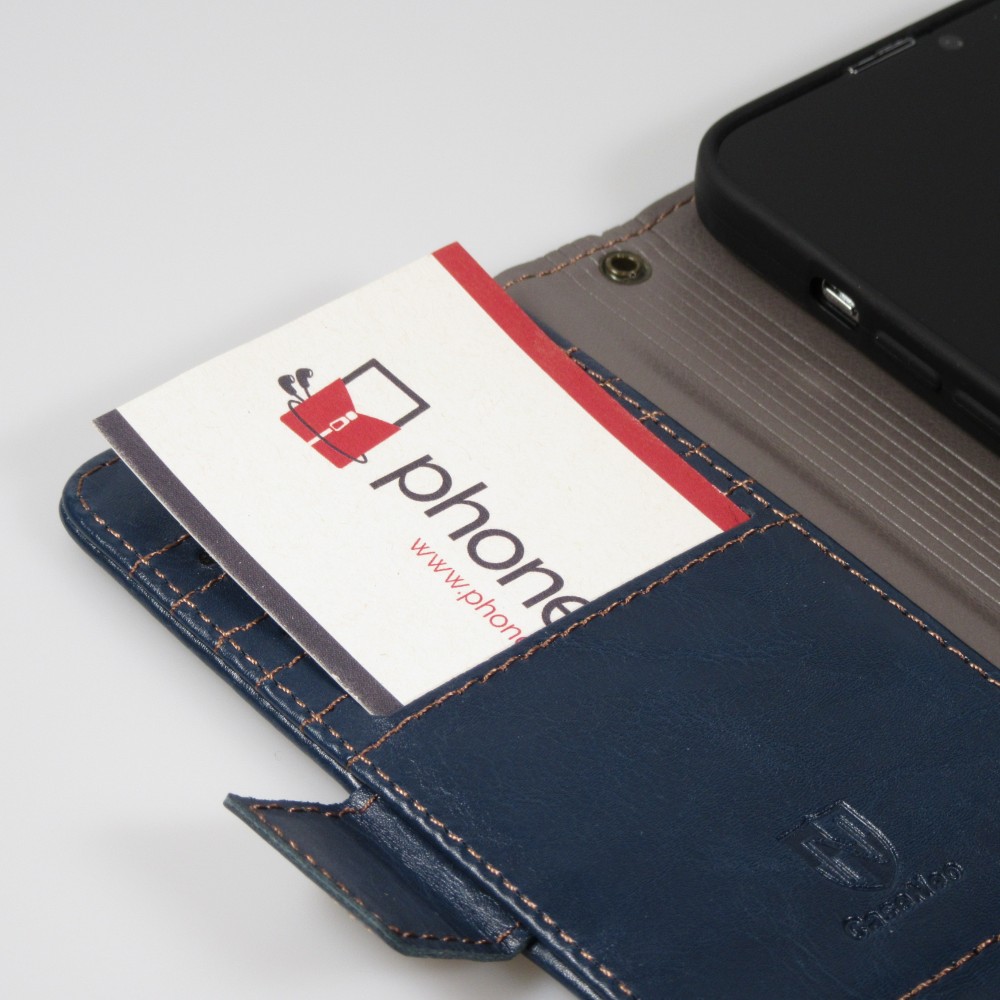 iPhone 15 Leder Tasche - Flip Wallet Echtleder mit Akzentstreifen & Kartenhalter - Blau