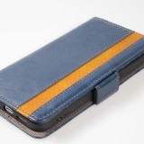 iPhone 14 Leder Tasche - Flip Wallet Echtleder mit Akzentstreifen & Kartenhalter - Blau