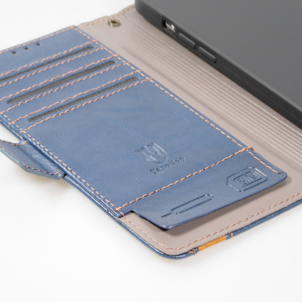 iPhone 14 Leder Tasche - Flip Wallet Echtleder mit Akzentstreifen & Kartenhalter - Blau