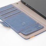 iPhone 7 / 8 / SE (2020, 2022) Leder Tasche - Flip Wallet Echtleder mit Akzentstreifen & Kartenhalter - Blau