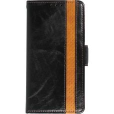 iPhone 13 Leder Tasche - Flip Wallet Echtleder mit Akzentstreifen & Kartenhalter - Schwarz