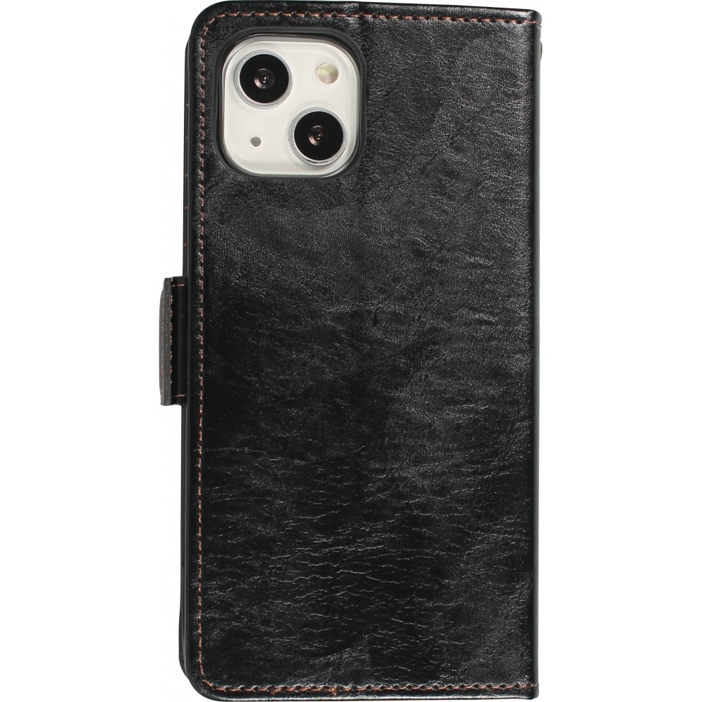 iPhone 13 Leder Tasche - Flip Wallet Echtleder mit Akzentstreifen & Kartenhalter - Schwarz