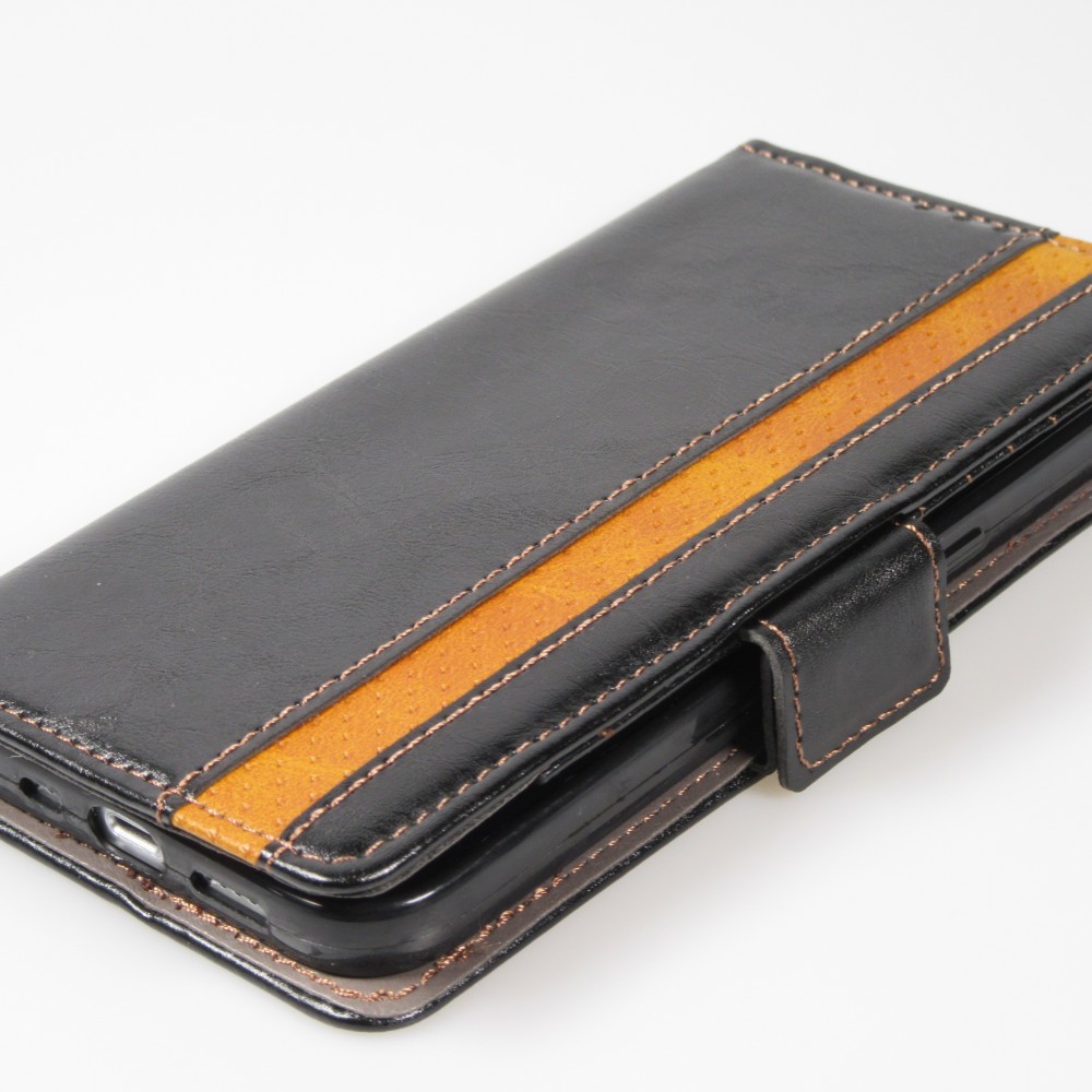 iPhone 13 Leder Tasche - Flip Wallet Echtleder mit Akzentstreifen & Kartenhalter - Schwarz