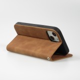 Etui cuir iPhone 15 Plus - Flip Wallet vintage avec fermeture aimantée et compartiment cartes - Brun