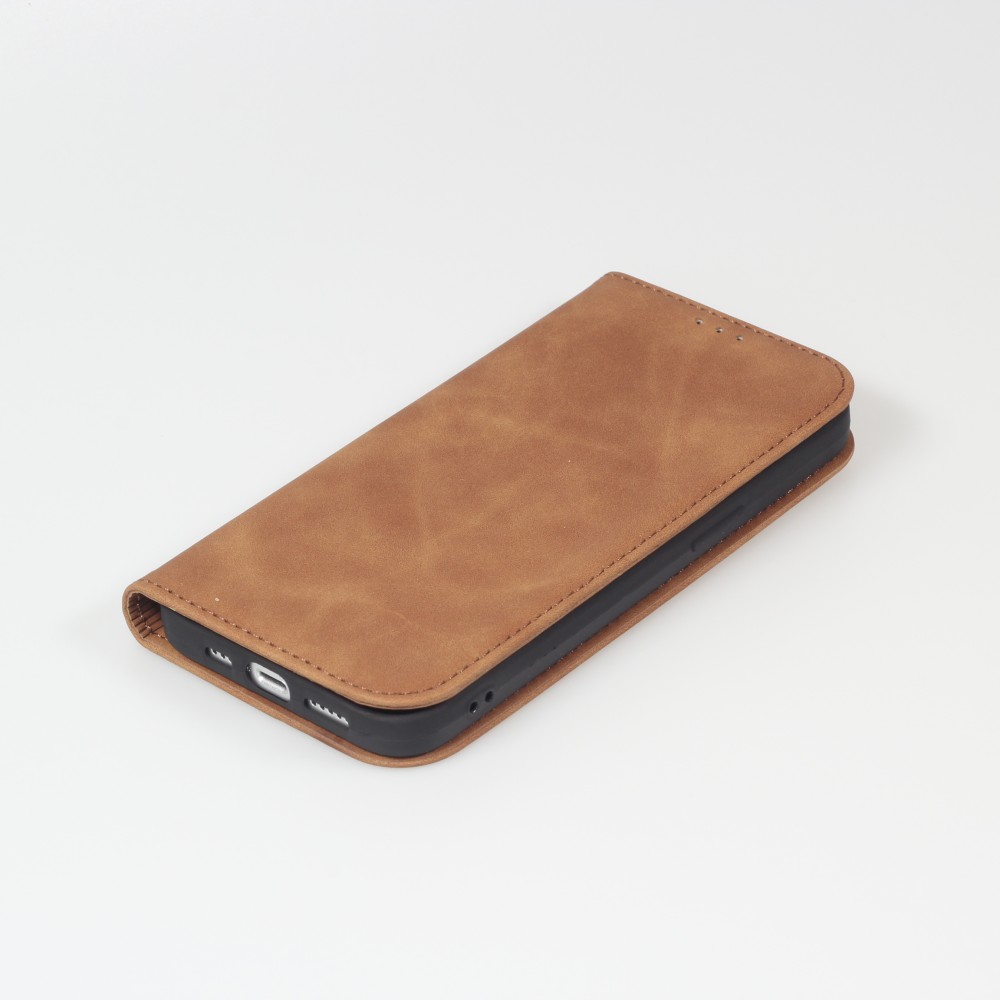 Etui cuir iPhone 15 Plus - Flip Wallet vintage avec fermeture aimantée et compartiment cartes - Brun