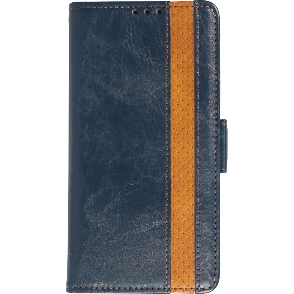 iPhone 13 Pro Leder Tasche - Flip Wallet Echtleder mit Akzentstreifen & Kartenhalter - Blau