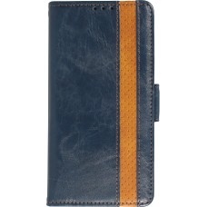 iPhone 13 Pro Leder Tasche - Flip Wallet Echtleder mit Akzentstreifen & Kartenhalter - Blau