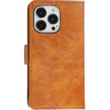 iPhone 13 Pro Max Leder Tasche - Flip Wallet Echtleder mit Akzentstreifen & Kartenhalter - Braun