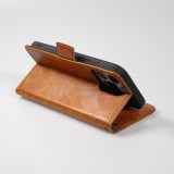 iPhone 13 Pro Max Leder Tasche - Flip Wallet Echtleder mit Akzentstreifen & Kartenhalter - Braun