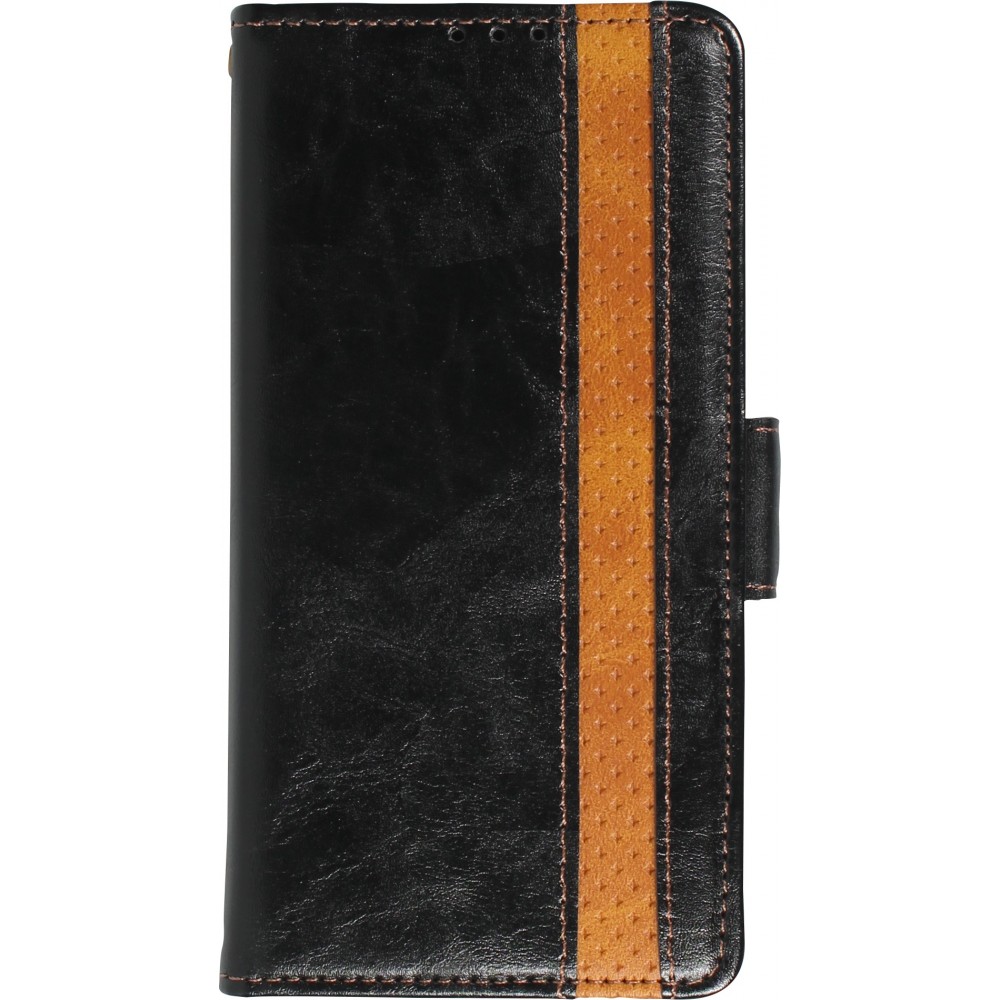 iPhone 13 Pro Leder Tasche - Flip Wallet Echtleder mit Akzentstreifen & Kartenhalter - Schwarz