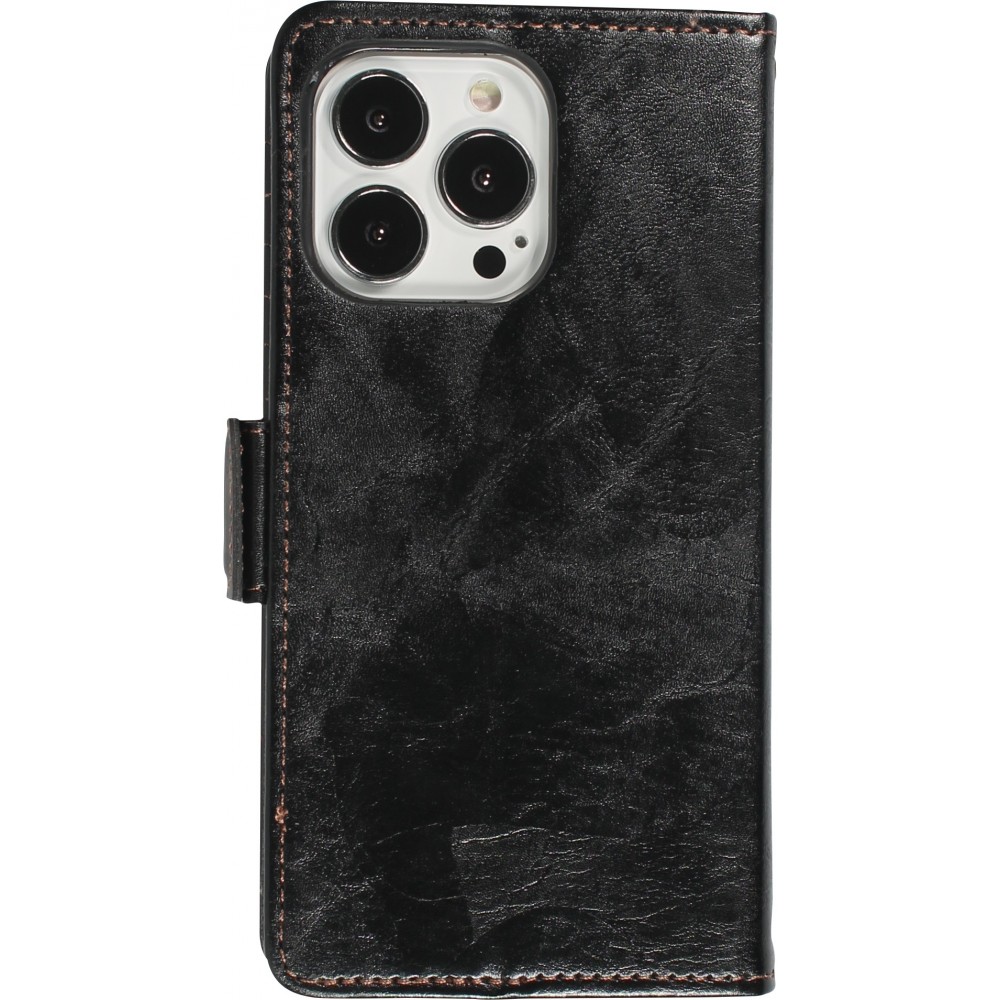 iPhone 13 Pro Leder Tasche - Flip Wallet Echtleder mit Akzentstreifen & Kartenhalter - Schwarz