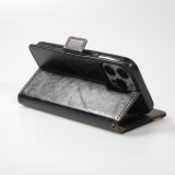 iPhone 13 Pro Leder Tasche - Flip Wallet Echtleder mit Akzentstreifen & Kartenhalter - Schwarz