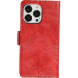 iPhone 13 Pro Max Leder Tasche - Flip Wallet Echtleder mit Akzentstreifen & Kartenhalter - Rot