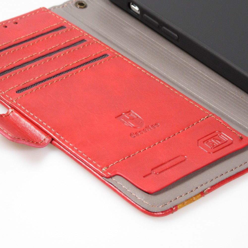 iPhone 13 Pro Max Leder Tasche - Flip Wallet Echtleder mit Akzentstreifen & Kartenhalter - Rot