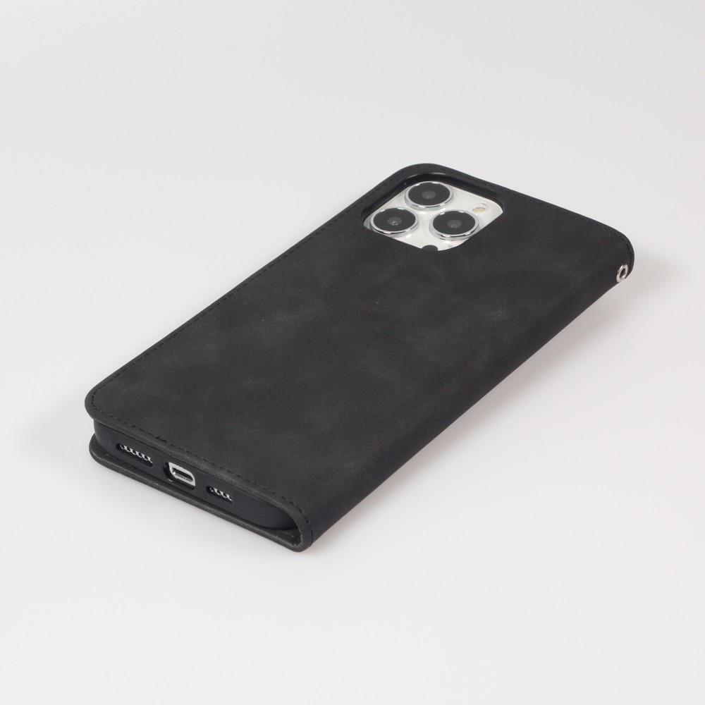 iPhone 15 Pro Max Leder Tasche - Flip Wallet vintage mit Magnetverschluss und Kartenhalter - Schwarz