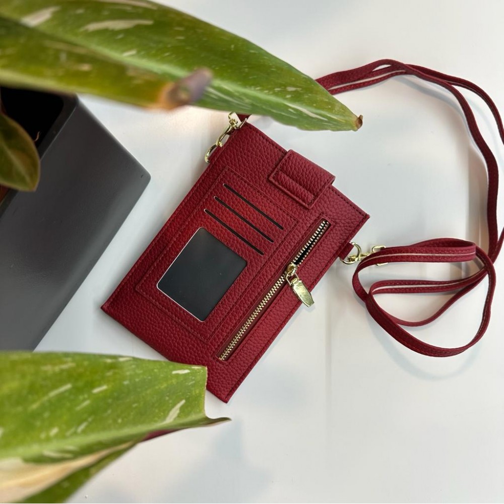 Elegantes umhänge Etui universel für Smartphone bis 6.7 Zoll aus Kunstleder mit Brieftasche - Rot