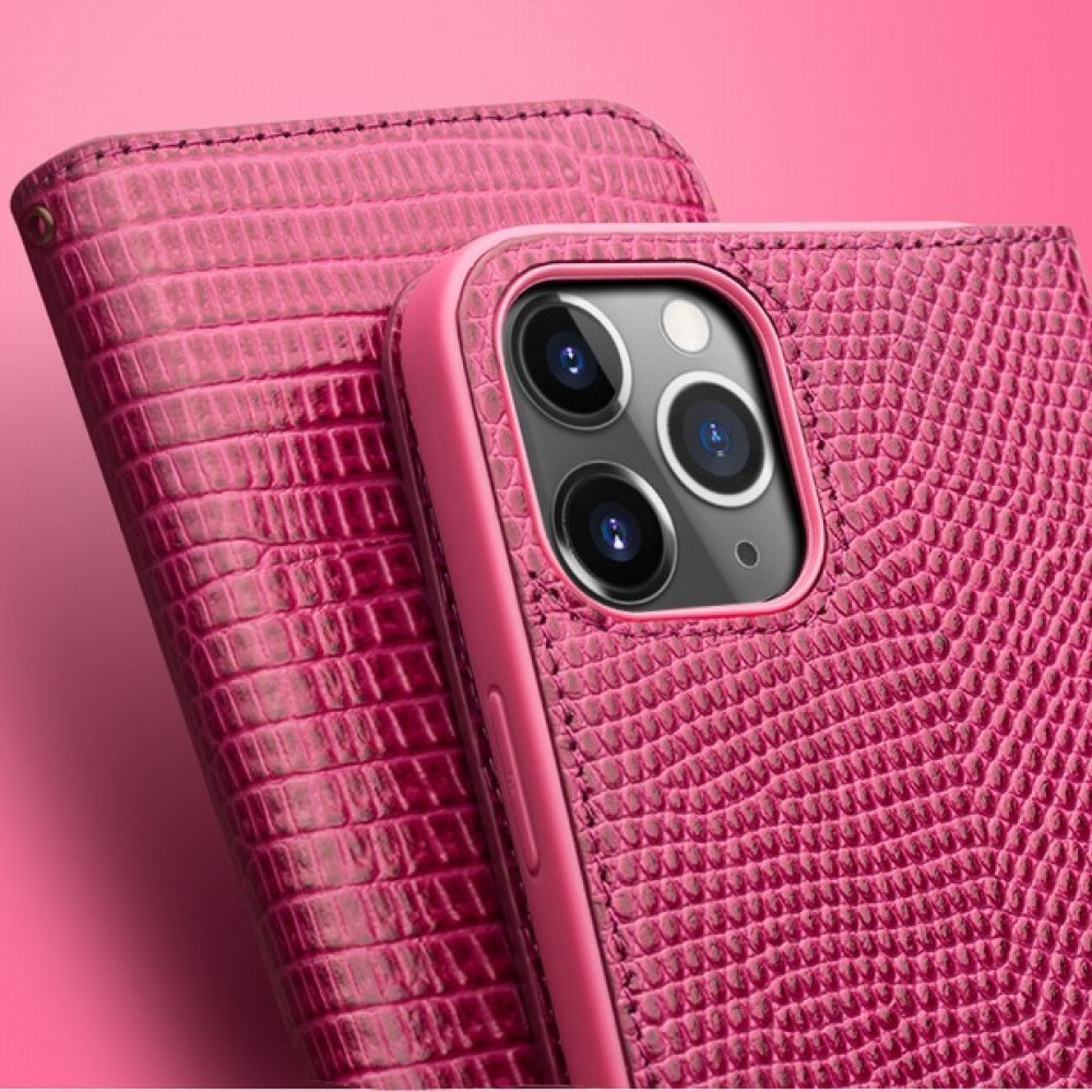 iPhone 13 Pro Case Hülle - Qialino Croco Flip Echtleder - Rosa