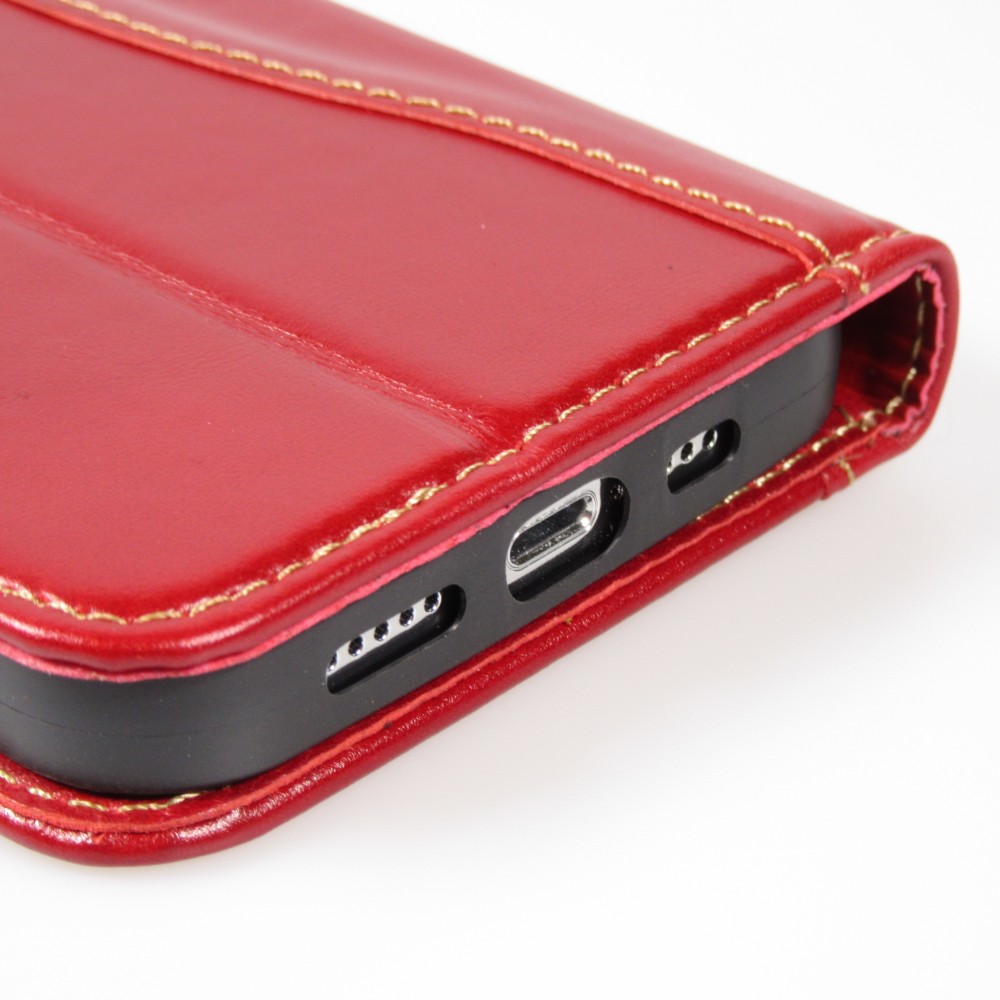 Fourre iPhone 15 Plus - Flip Fierre Shann cuir véritable - Rouge