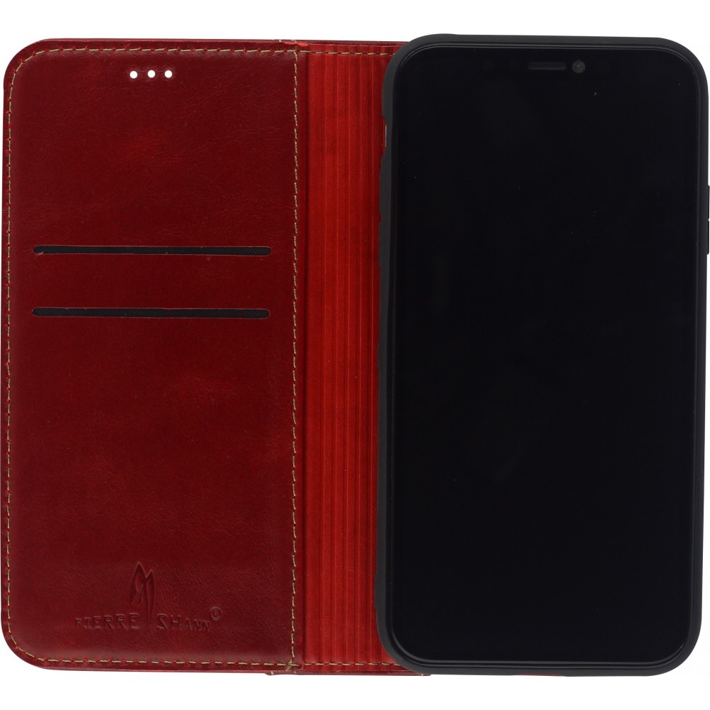 Fourre iPhone 15 Plus - Flip Fierre Shann cuir véritable - Rouge