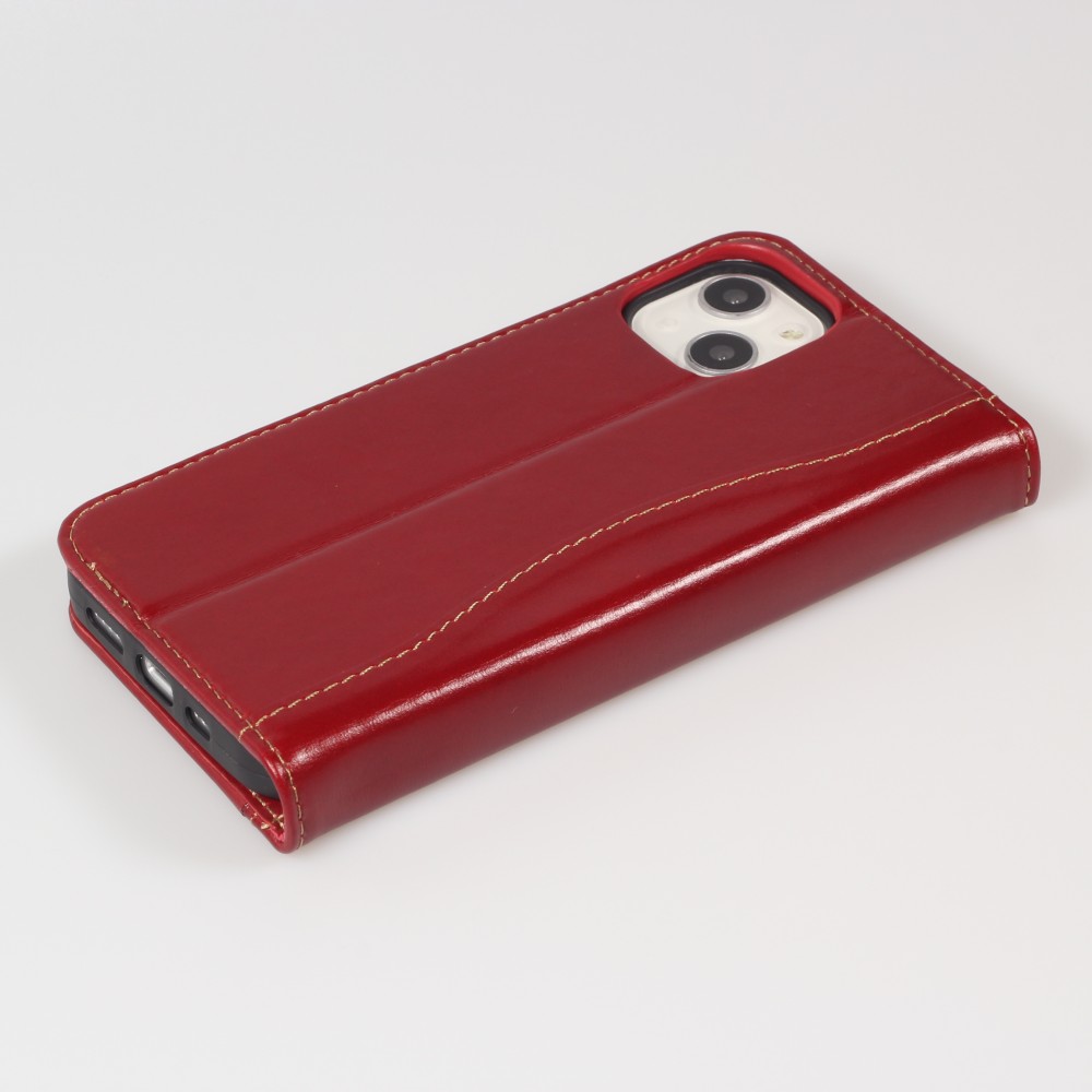 Fourre iPhone 15 Plus - Flip Fierre Shann cuir véritable - Rouge