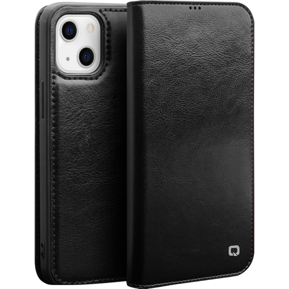 iPhone 14 Plus Case Hülle - Qialino Flip Echtleder - Schwarz