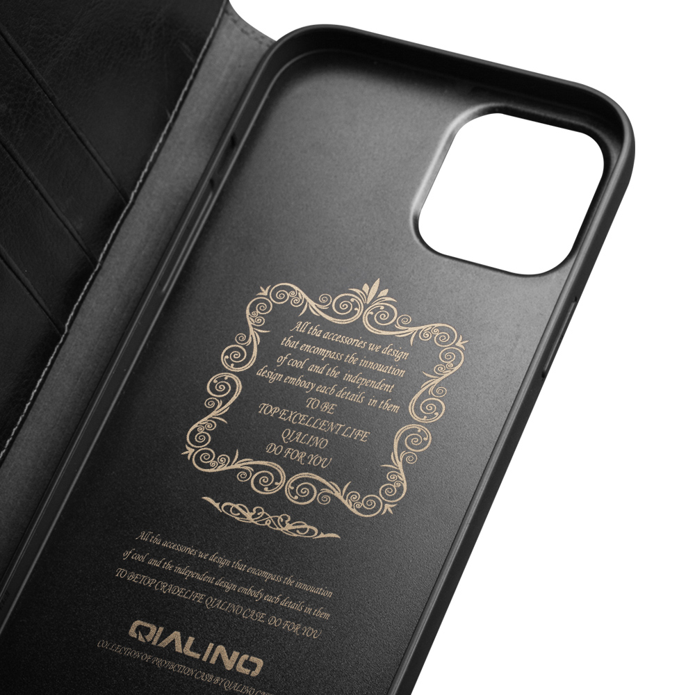 iPhone 14 Plus Case Hülle - Qialino Flip Echtleder - Schwarz