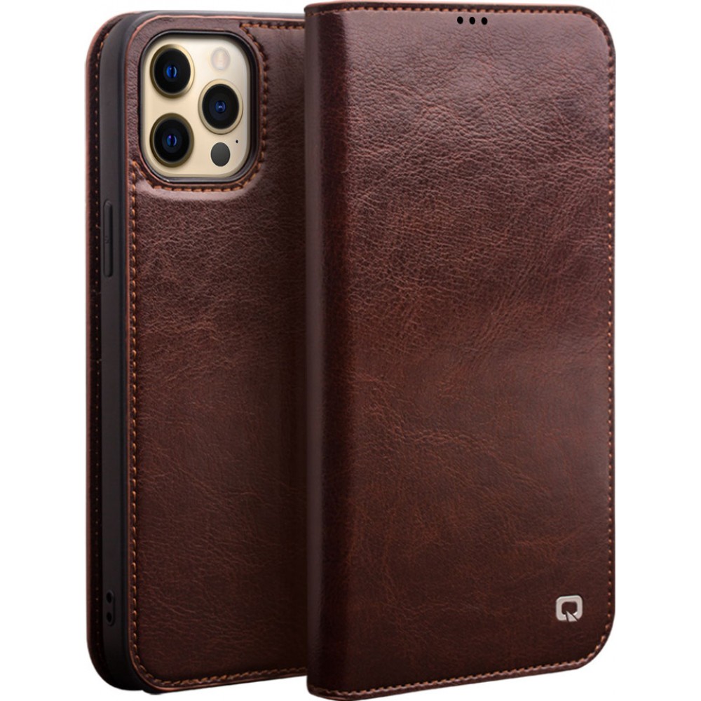 Fourre iPhone 15 Pro Max - Flip Qialino Classic Wallet cuir véritable - Brun