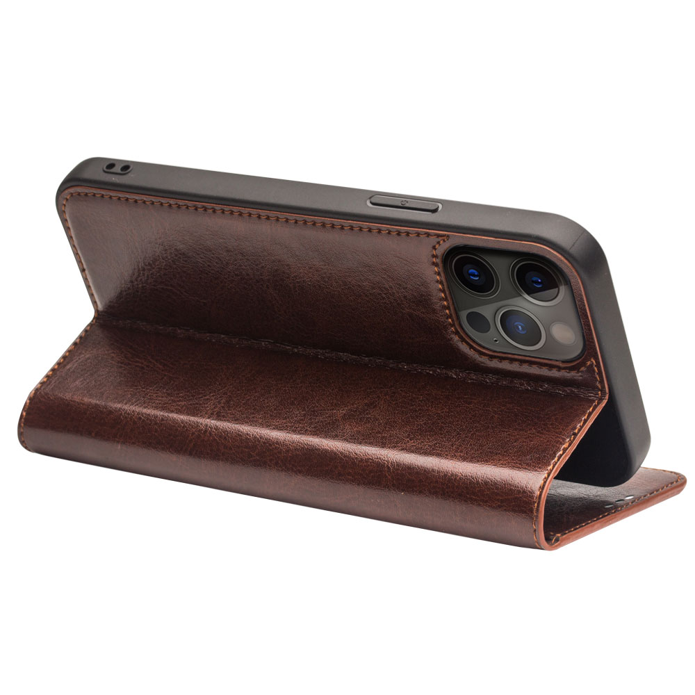 Fourre iPhone 15 Pro - Flip Qialino Classic Wallet cuir véritable - Brun